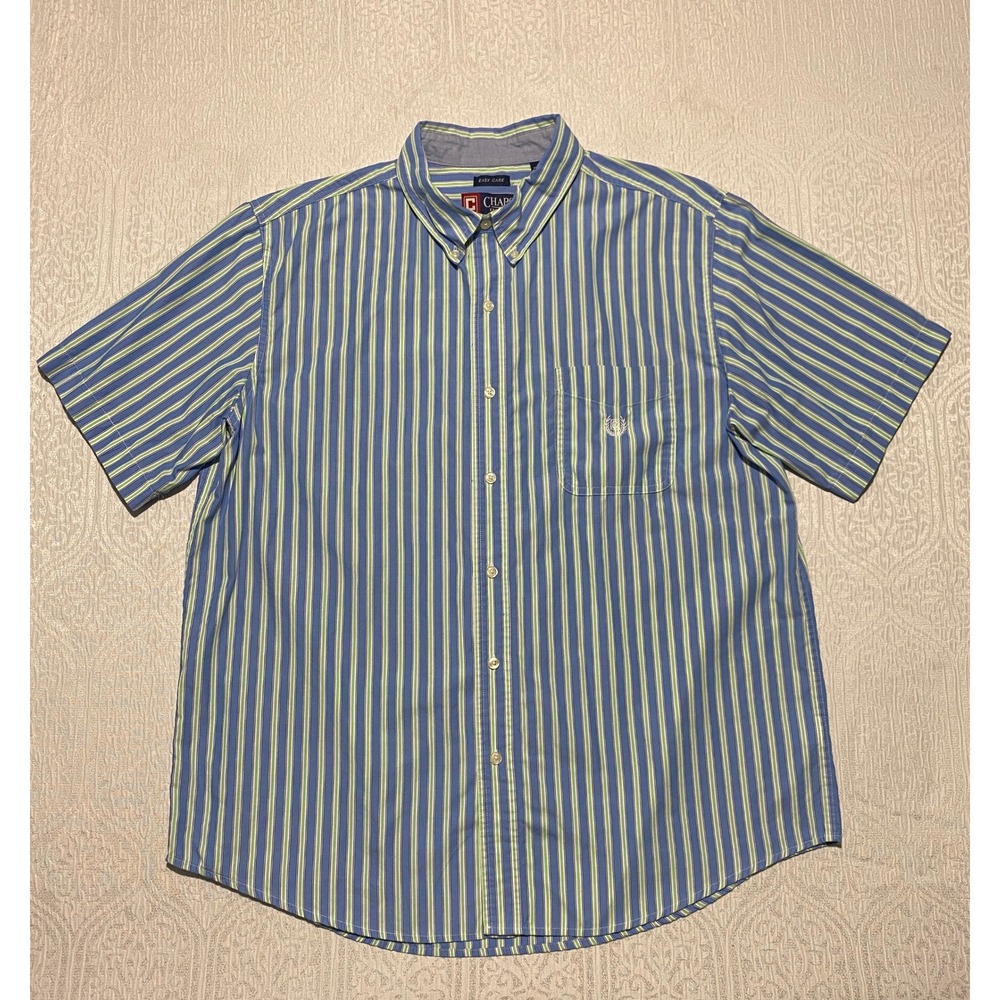 Chaps Mens XL Blue Green Striped Short Sleeve Button Down Shirt Easy Care Pocket